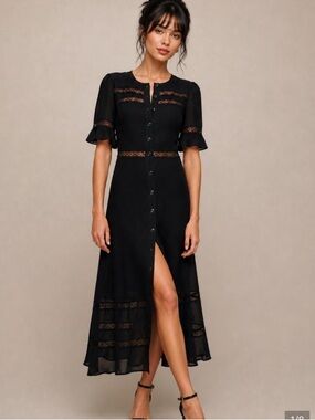 Reformation Black Button-Front Lace-Trim Midi Dress